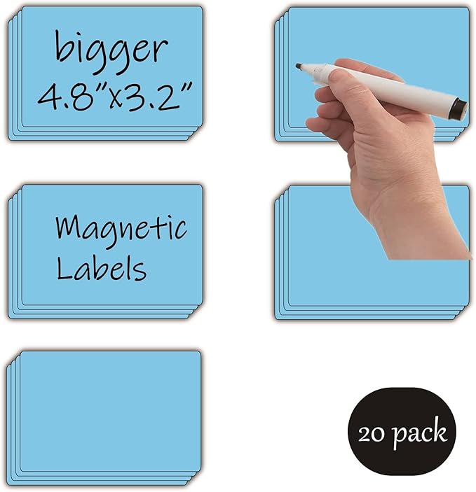 Dry Erase Big Magnetic Labels (4.8x3.2",Pack of 20),Large Write On Magnets Name Plates Sticker,Waterproof/Reusable for Refrigerator&Lockers&Whiteboard&Cabinet(Blue)