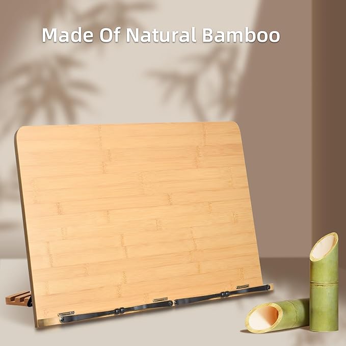 wishacc 24" Oversized Large Bamboo Book Stand & Holder for Reading Hands Free for Large Books in Bed,Cookbook,Textbook,Law,with 8 Adjustable Height Laptop Stand