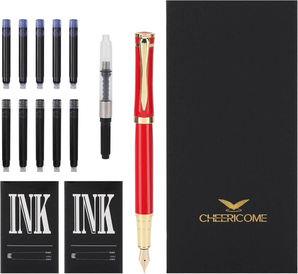Cheericome Fountain Pen - Luxury Fountain pen set for Men & Women - Ink Pen for Smooth Writing - Fountain Pen Fine Nib，Includes 10 Ink Cartridges and Ink Refill Converter - Red