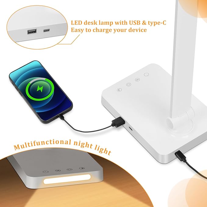 Dott Arts LED Desk Lamp with USB Ports,Touch Desk Lamps for Home Office with 5 Color Modes,3 Brightness Desk Light with Small Night Light,Reading Lamp Table LED Lamp for Bedroom Bedsid Study White