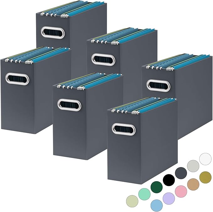 Oterri File Organizer, Small Storage Box, Cardboard File Folder Organizer, Collapsible File Box, Hanging File Organizer for Letter Size, Portable File Box with Handle, Only Box (Dark Grey,6 Packs)