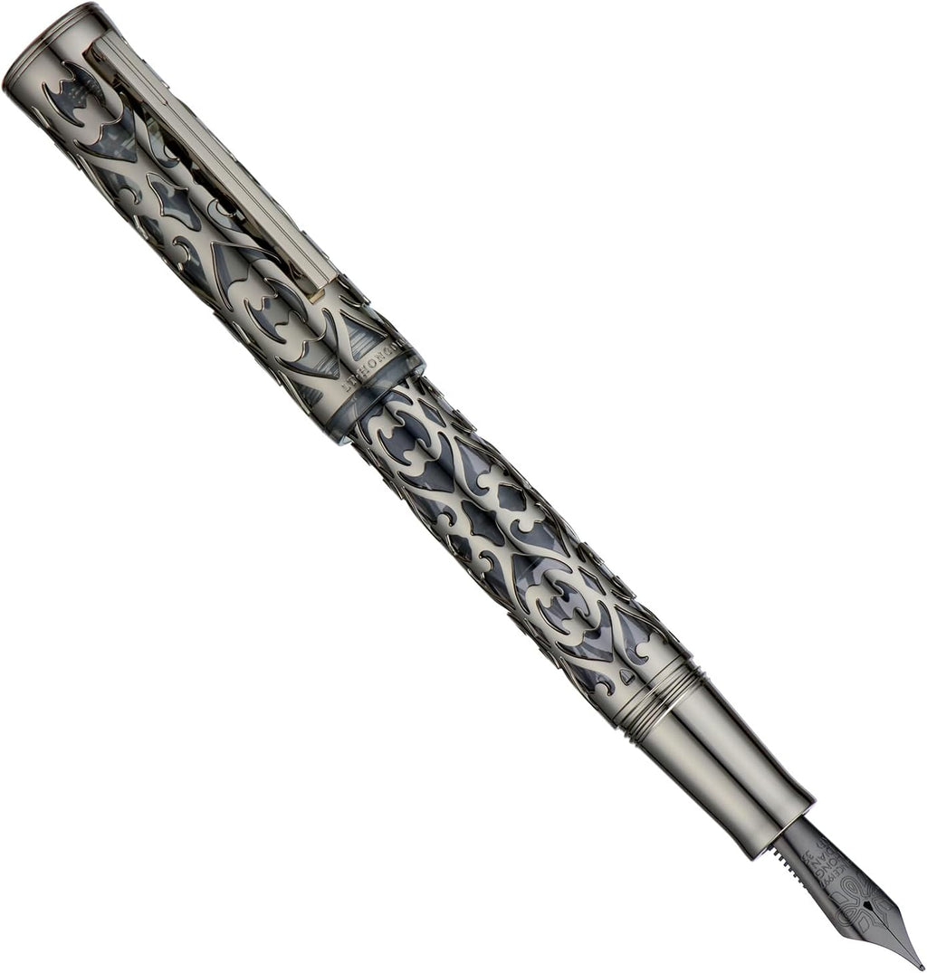 Hongdian D1 Piston Fountain Pen Fine Soft Nib, Jet Black Hollow Skeleton & Resin Pen with Metal Case Set