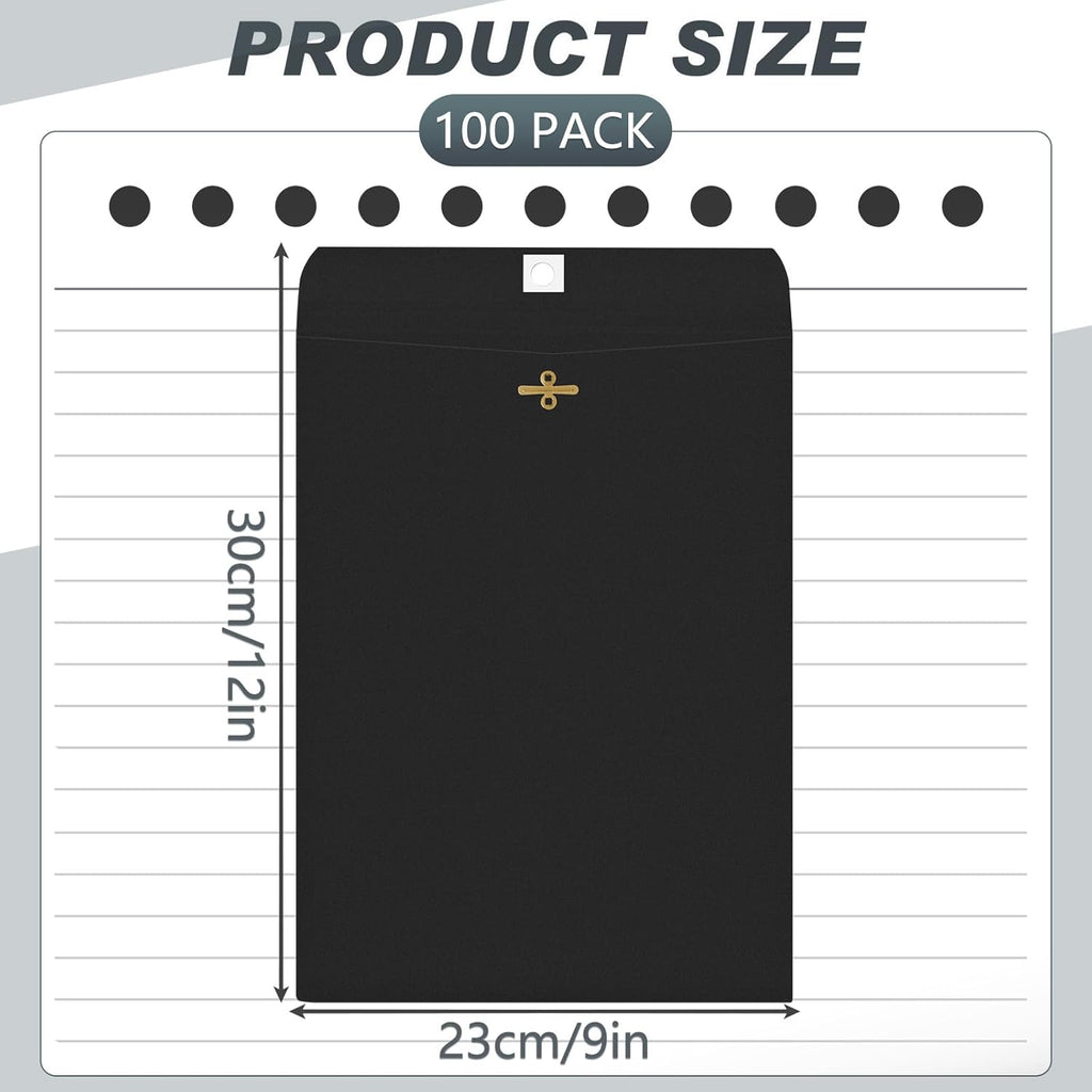 Geyee 100 Pcs Clasp Manilla Envelopes 9 x 12 Inch Gummed Colored Envelopes for Storing or Mailing for Home Office Business Supplies(Black)