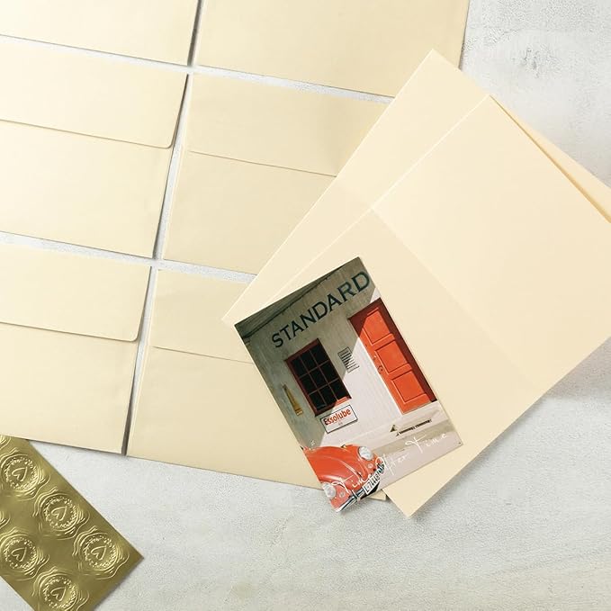 Wishop 50 Pack Shiny Self-Adhesive Envelopes with Shiny Fold Cards for Wedding Invitations, Greeting Cards, Baby Shower, Letter Mailing (Cream Color, 5x7)