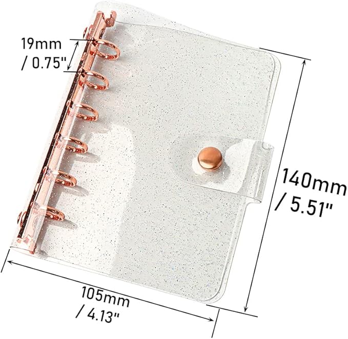 Glitter Powder PVC Binder Cover 6 Round Ring Binders Snap Button Closure Loose Leaf Folders Refillable Soft PVC Notebook Shell Protector (Rose Gold 6 Rings, A7 Binder)