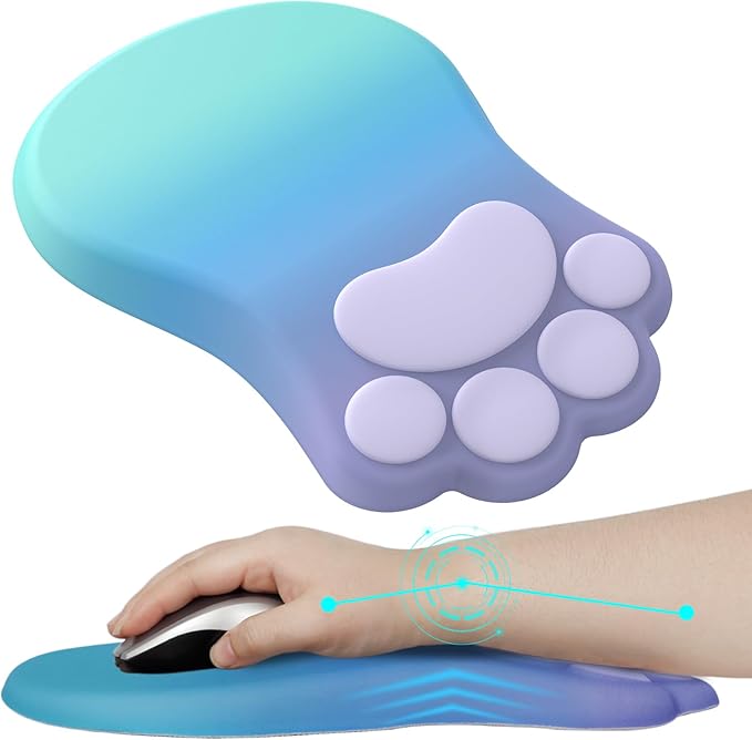 Ergonomic Mouse Pad with Wrist Rest,Cute Cat Paw Mousepad Wrist Support,Comfortable Massage Design Computer Pain Relief Mouse Pad with Non-Slip PU Base for Desk Laptop Gaming,Purple&Green