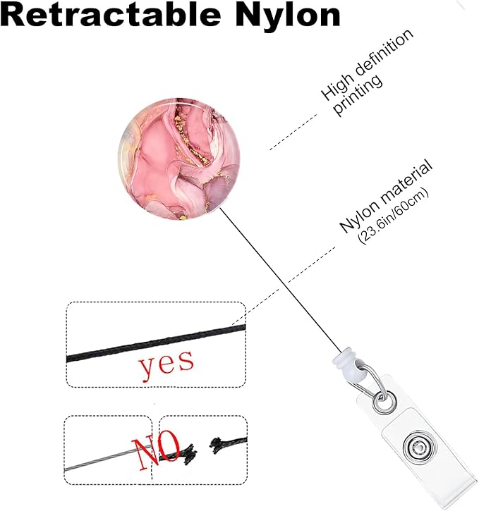 Pink Marble Badge Reels Holder Retractable with ID Clip for Nurse Name Tag Card Nursing for Doctor Teacher Student Employee Office Medical Work