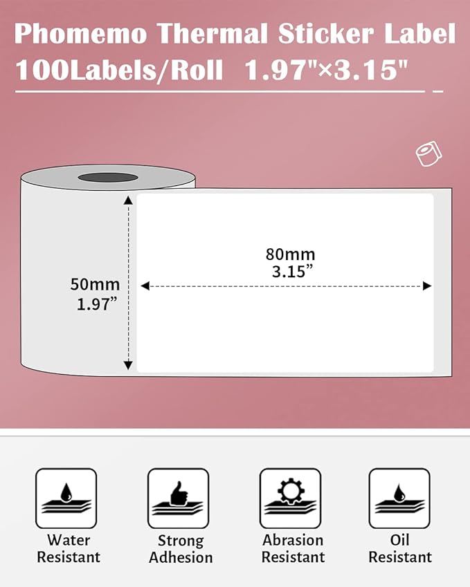 Phomemo Thermal Labels- Sticker Label for M110/M221/M220/M120/M200 Label Printer,1.97"x3.15"(50x80mm),100 Labels/Roll, Black on White