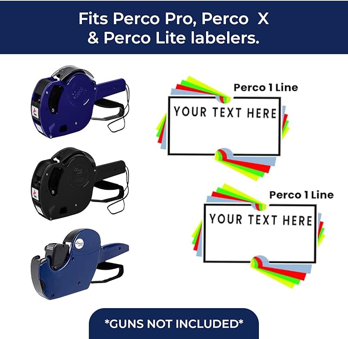 Custom Price and Date Labels for Perco Lite, X, Plus and Perco Pro 1 Line Guns - Choose Color, Font and Imprint - Case of 30 Sleeves