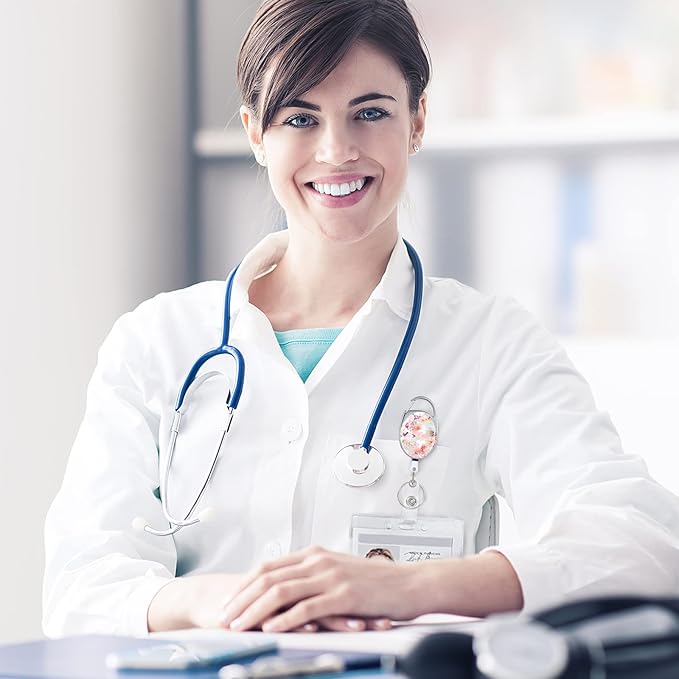 Badge Reels Retractable，Double Sided Color Print Pattern Retractable Badge Holders，with Retractable Keychain, Badge Clip and Key Ring，Durable Nylon Retractable Rope，Pink Flower