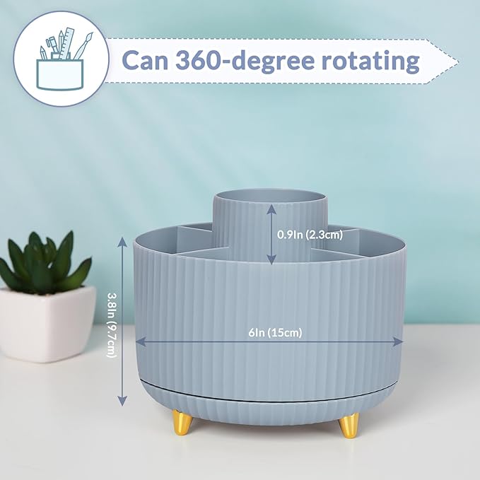 SKYDUE 360 Degree Rotating Desk Organizer, Dual-Purpose Pencil Pen Holder with 5 Slots, Pencil Cup for Office, School, Home (Airy Blue)