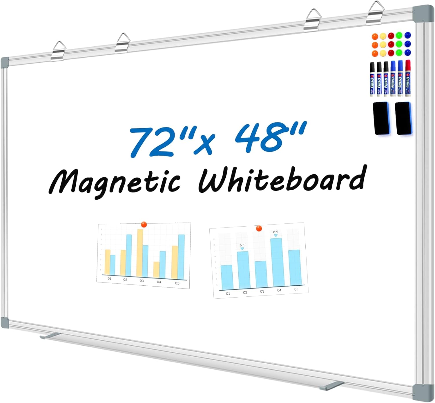 H-Qprobd 6'x4' Large Magnetic White Board Dry Erase Whiteboard with Aluminum Frame, 72"X48" Hanging White Boards for Wall with Long Pen Tray, Presentation Board for Office Classroom Home