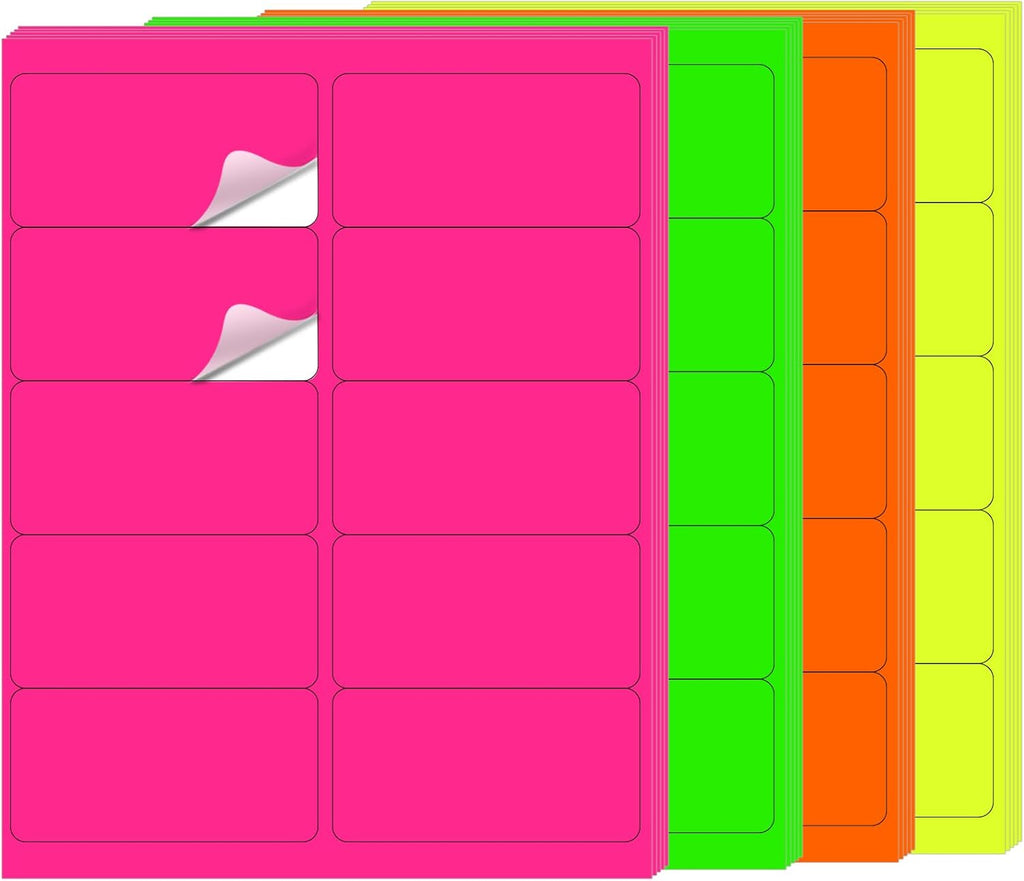 STARLIBOO 2" x 4" Colored Labels Stickers Fluorescent Bright Moving Labels for Laser/Inkjet Printer, Permanent Adhesive