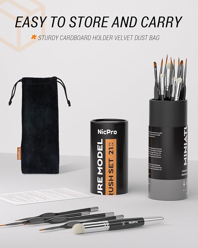Nicpro Miniature Paint Brushes Drybrush - 21PCS Model Paint Brush Set for Acrylic Watercolor, Detail Paint Brush Dry Brush for 40k Model, Miniature Painting, Citadel, DND Miniatures - with Container