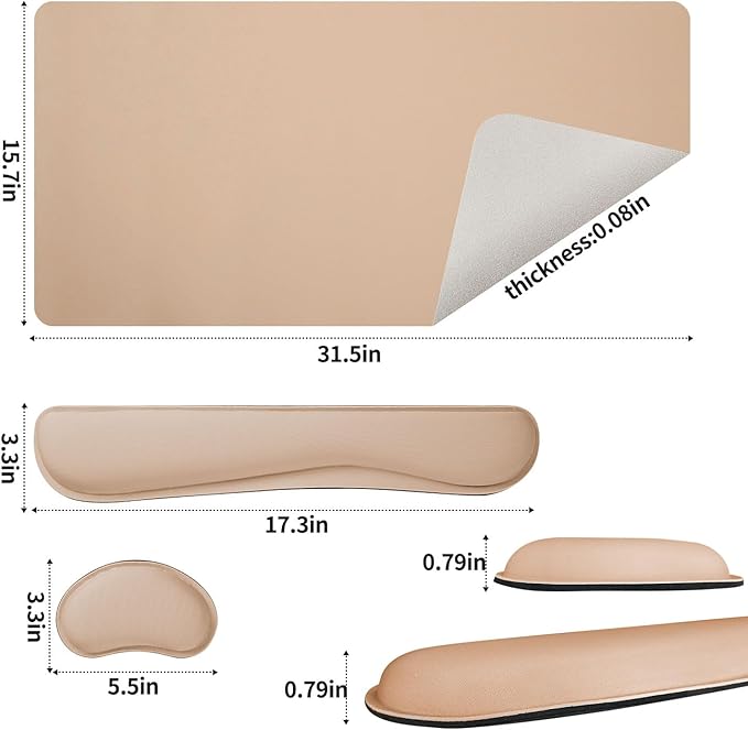 Bloss Leather Desk Pad and Keyboard Wrist Rest, Large Mouse Pad + Keyboard Pad+Mouse Wrist Support, Non-Slip Desk Mat Protector for Office, Home(31.5×15.7 Inches,Beige)