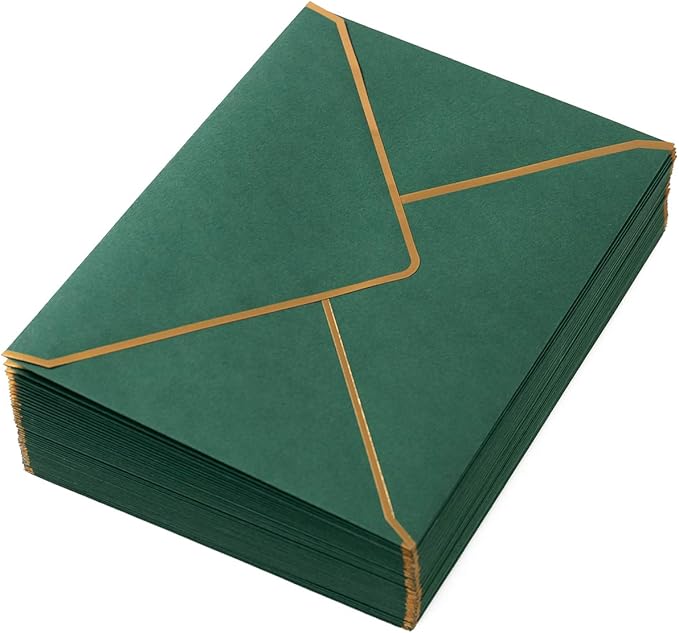 50 Pack A4 Envelopes Dark Green 4x6 Self-Adhesive V Flap Envelopes with Gold Border for Office, Wedding Gift Cards, Invitations, Graduation, Baby Shower, Parties (4.25x6.25 inches)