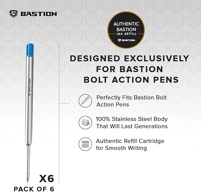 BASTION® Premium Pen Refill, Deeply Pigmented Ink for All Bastion Bolt Action Luxury Pens, Standard Ink Refill with 0.55mm Fine Tip - Blue Gel, 6 PC