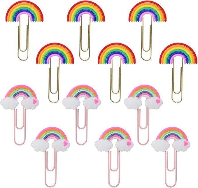 yueton 12PCS Rainbow Cloud Shaped Paper Clips Cute Small Paperclips PVC Metal Bookmark Clips File Note Clips Book Markers for Office, School, Home and Wedding Party Use