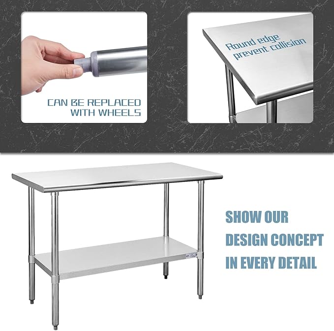 HALLY Stainless Steel Table for Prep & Work 24 x 48 Inches, NSF Commercial Heavy Duty Table with Undershelf and Galvanized Legs for Restaurant, Home and Hotel