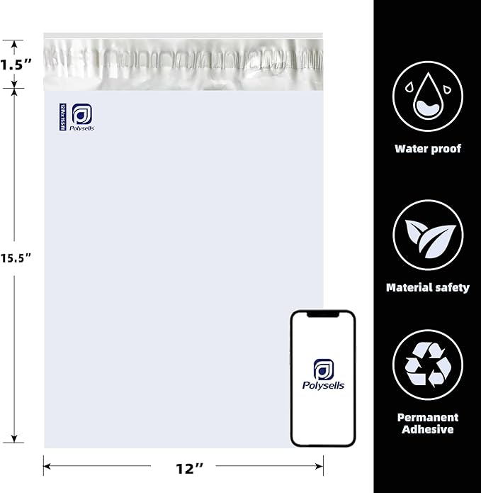 POLYSELLS 1000 pcs 12x15.5 Inches White x Silver Poly Mailers Shipping Envelopes, Strong Adhesive Sealing, Waterproof, and Tear-resistant Postal Mailing Bags for Clothing, Books, and Accessories