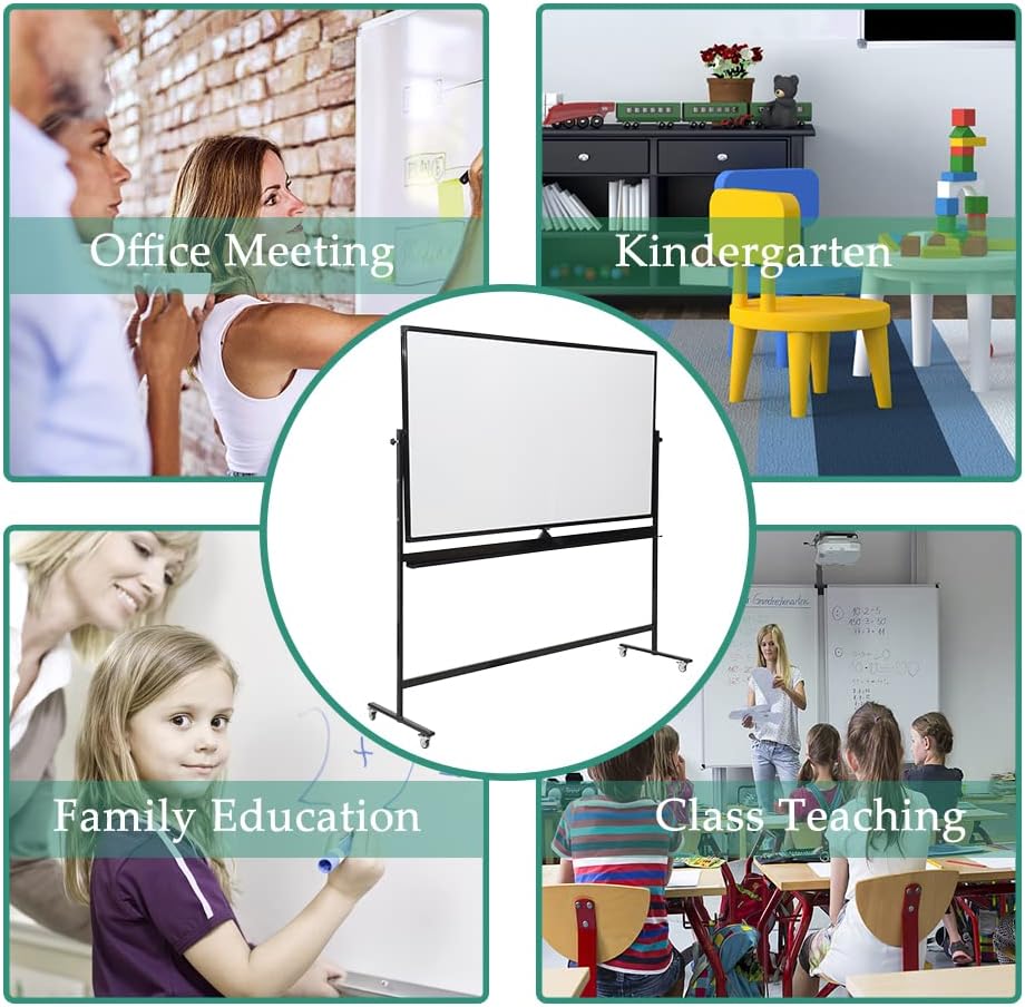 72" x 48" Double-Sided Mobile Whiteboard with Stand, Extra Large Rolling Magnetic Dry Erase Board, Reversible Black Frame Whiteboard for Office, Classroom, Heavy-Duty Presentation Easel
