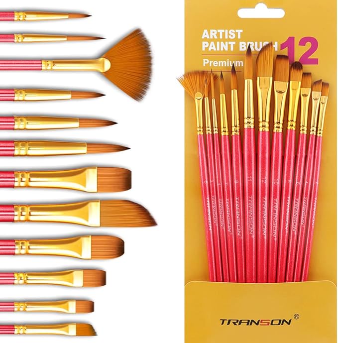 Transon Artist Paint Brush Set of 12 for Acrylic Watercolor Gouache Oil Craft Painting Pink