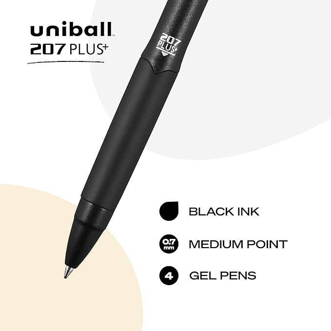 uniball 207 Plus+ Retractable Gel Pens, Medium Point, 0.7mm, Black Ink, 4/Pack (70460)