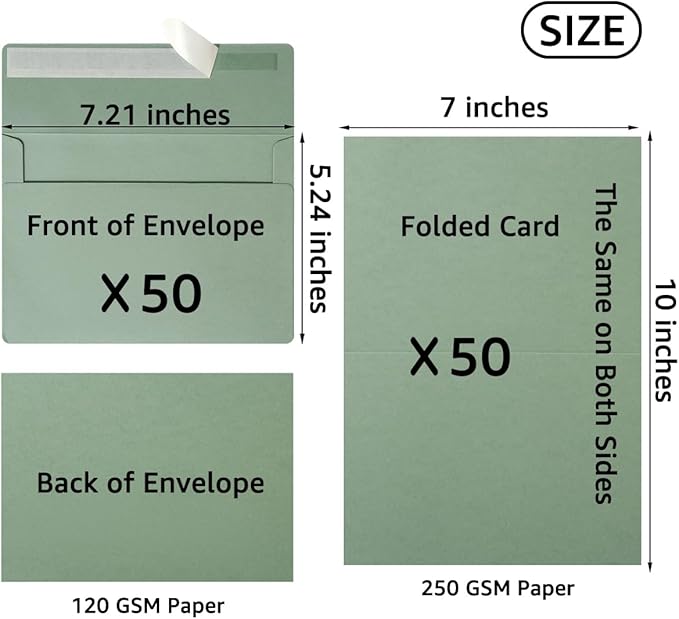 Wishop 50 Pack Self-Adhesive Envelopes with Fold Cards for Wedding Invitations, Greeting Cards, Baby Shower, Letter Mailing (Sage-Green, 5x7)