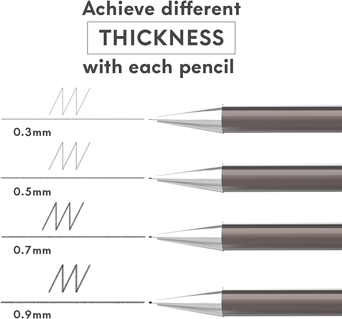 MozArt Mechanical Pencil Set with Case - 4 Sizes: 0.3, 0.5, 0.7 & 0.9mm with 30 HB Lead Refills Each & 4 Eraser Refills -Sketch, Drafting, Art, Drawing Supplies (Nickle)