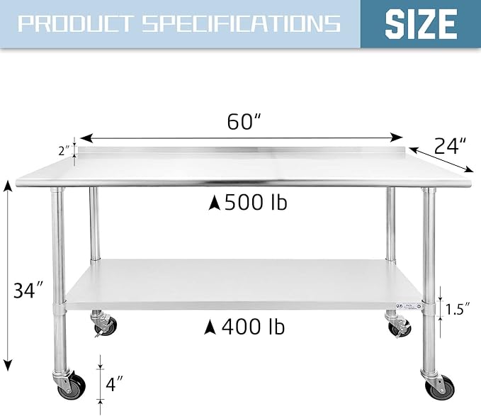 HALLY Stainless Steel Table for Prep & Work 24 x 60 Inches with Caster Wheels, NSF Commercial Heavy Duty Table with Undershelf and Backsplash for Restaurant, Home and Hotel