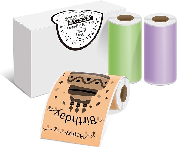 Green/Purple/Orange Self-Adhesive Thermal Paper, Printable Sticker Paper for ORGSTA S002 Portable Sticker Printer, 57mm x 3m Mini Printer Paper for Journal, Photo, Study Notes - 3 Rolls