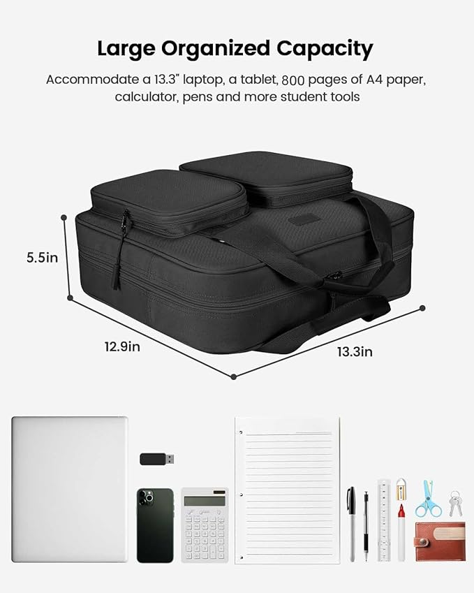 4 Inch 3 Ring Zipper Binder with Shoulder Strap & Handle & Multi-Pocket - 4" Binder with Zipper for School, Compatible with 13-Inch MacBook/Tablet -Patent Design Black