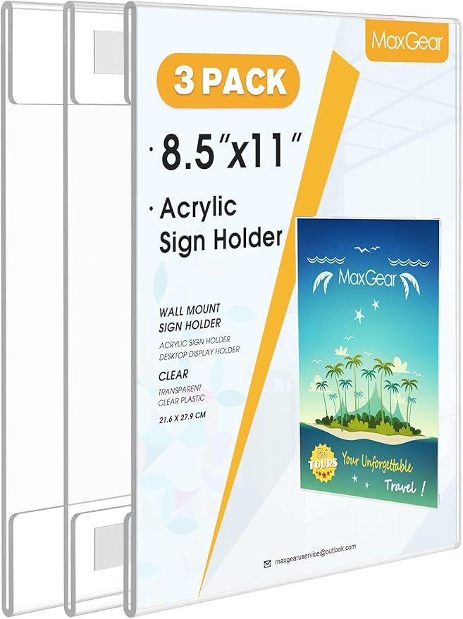 MaxGear 3 Pack Acrylic Sign Holder 8.5 x 11 Wall Mount Sign Holder with Double-Sided Tape, Clear Plastic Sign Holders, Plexiglass Document Flyer Acrylic Frame for Office, Home, Store, Restaurant