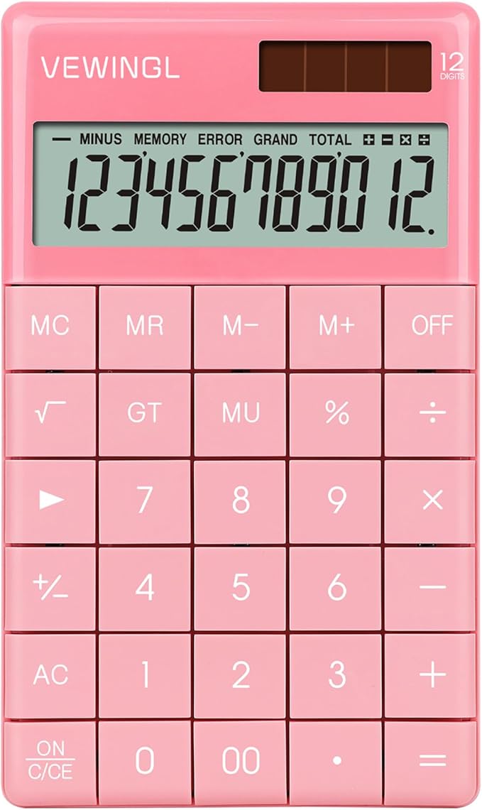 VEWINGL Laptop Keyboard Calculator 12 Digit,Dual Power Battery and Solar,Desk Calculator with Large LCD Display for Office,School, Home & Business Use,Tablet Button,Automatic Sleep.6.5 * 4 in (Pink)