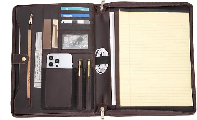 Genuine Leather Portfolio Binder, Zippered Padfolio for Men Women, Business Folio with 8.5” x 11” Notebook Holder and 13” Laptop Sleeve, Professional Executive Folder, Dark Brown