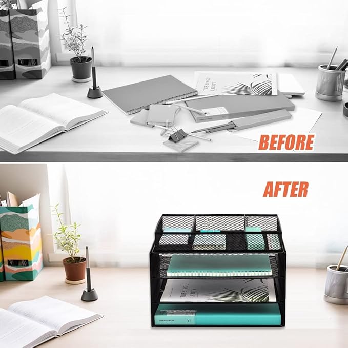 EASEPRES Paper Organizer Tray, 3 Tier Mesh Desk File Organizer Letter Sorter Holder with Drawer for Home Office, Black