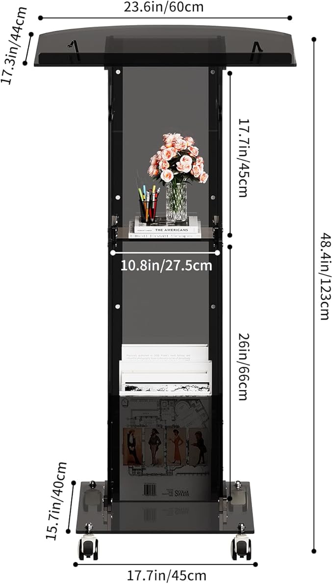 Acrylic Podium Stand，49“ Tall Portable Podium with Lockable Wheels, Black lecterns & Podium with Storage Shelf for Classroom, Pulpit Podium for Church,Wedding,Presentation