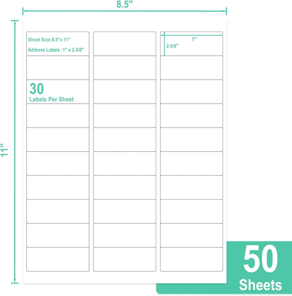 L LIKED Printable Address Labels, 1" x 2-5/8", 1,500 Labels, 30 per Sheet, Label Stickers for Envelopes (50 Sheets)