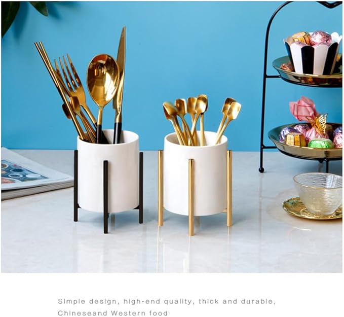 Gold pencil cup Sturdy metal frame with white ceramic pen holder For desks and kitchen appliance holders