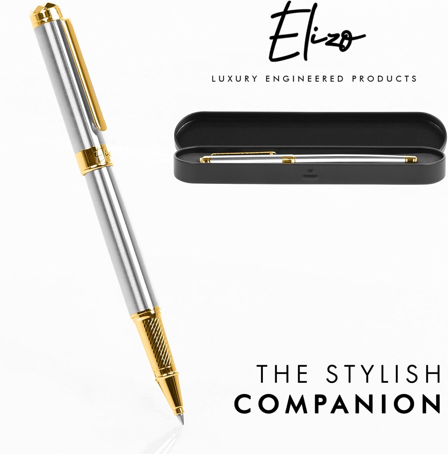ELIZO Luxury Pen Fancy Real 24K Gold Plated Trim Chrome Silver Nice Pen Gift Rollerball Cool Best Pens Schmidt Ink EDC Pen Executive Smooth Writing Pens for Men Women