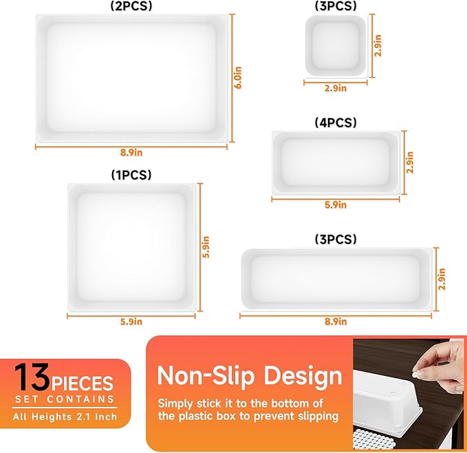 Home Edit 13-Piece Plastic Drawer Organizer Set with Non-Slip Silicone Pads, White - 5-Size Utility Tray and Storage Containers for Bathroom, Desk or Vanity Makeup Drawer