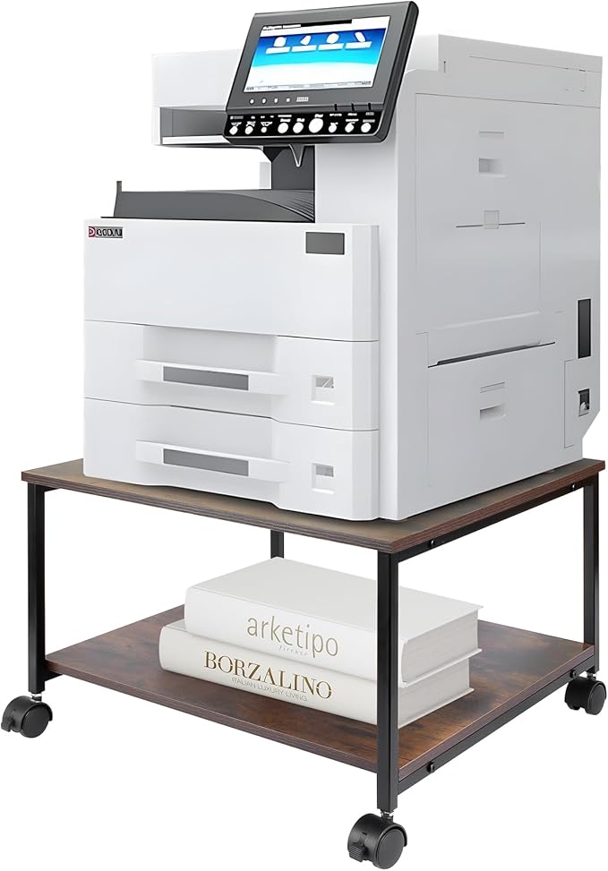 EMERIT 2-Tier Under Desk Printer Stand w/Storage - 19.5x19.5x12.8''Heavy Duty Rolling Cart, Mobile Printer Table with Lockable Wheels for Home Office Organization - Industrial Style