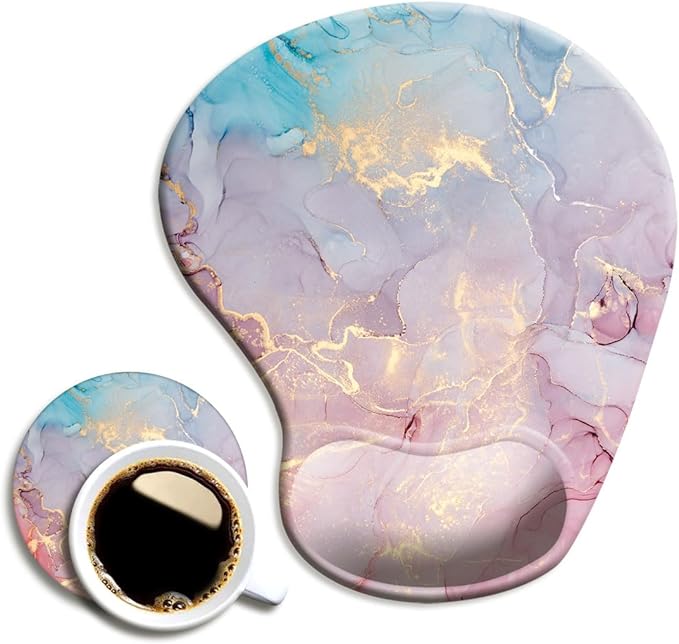 Ergonomic Mouse Pad with Wrist Support and Coaster,Mouse Pads with Non-Slip PU Base for Home Office Working Studying Easy Typing & Pain Relief Cyan Pink Marble