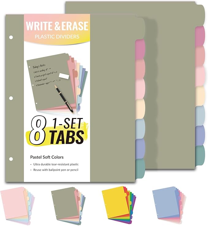 Sooez 8-Tab Durable Plastic Write & Erase Big Tab Dividers for 3 Ring Binder, Aesthetic Cute Pastel Binder Dividers for Student, Teacher, Office, Home Organizers,2 Sets, Morandi