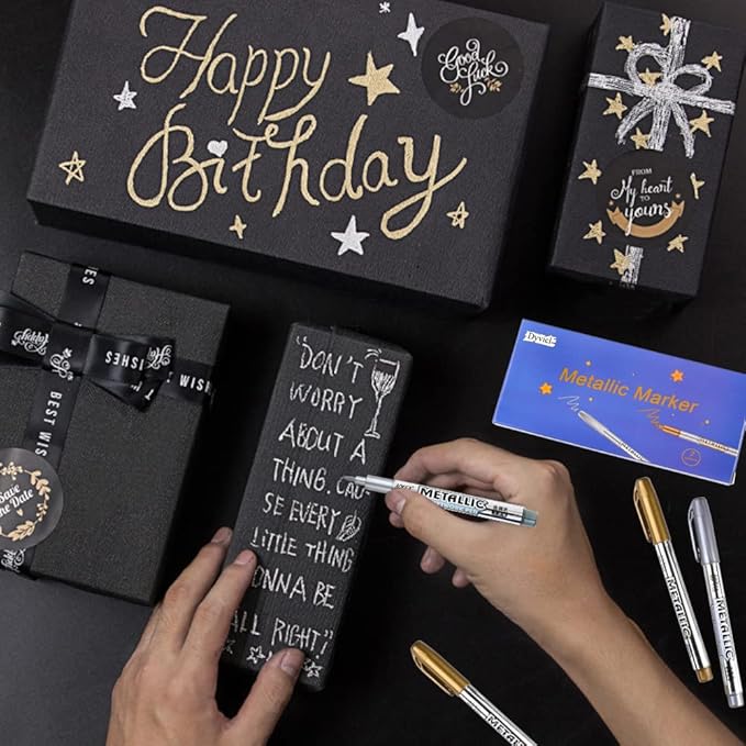 Dyvicl Metallic Markers Pens - Silver and Gold Paint Pens for Black Paper, Glass, Rock Painting, Halloween Pumpkin, Card Making, Scrapbook Album, Christmas DIY Art Craft Kid, Set of 8