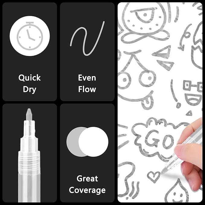 SFAIH Acrylic Silver Paint Pens - 8 Pack 2-3MM Medium Tip & 0.7MM Extra Fine White Paint Marker for Rock Painting, Wood, Metal, Fabric, Canvas, Glass, Ceramic, Diy Crafts