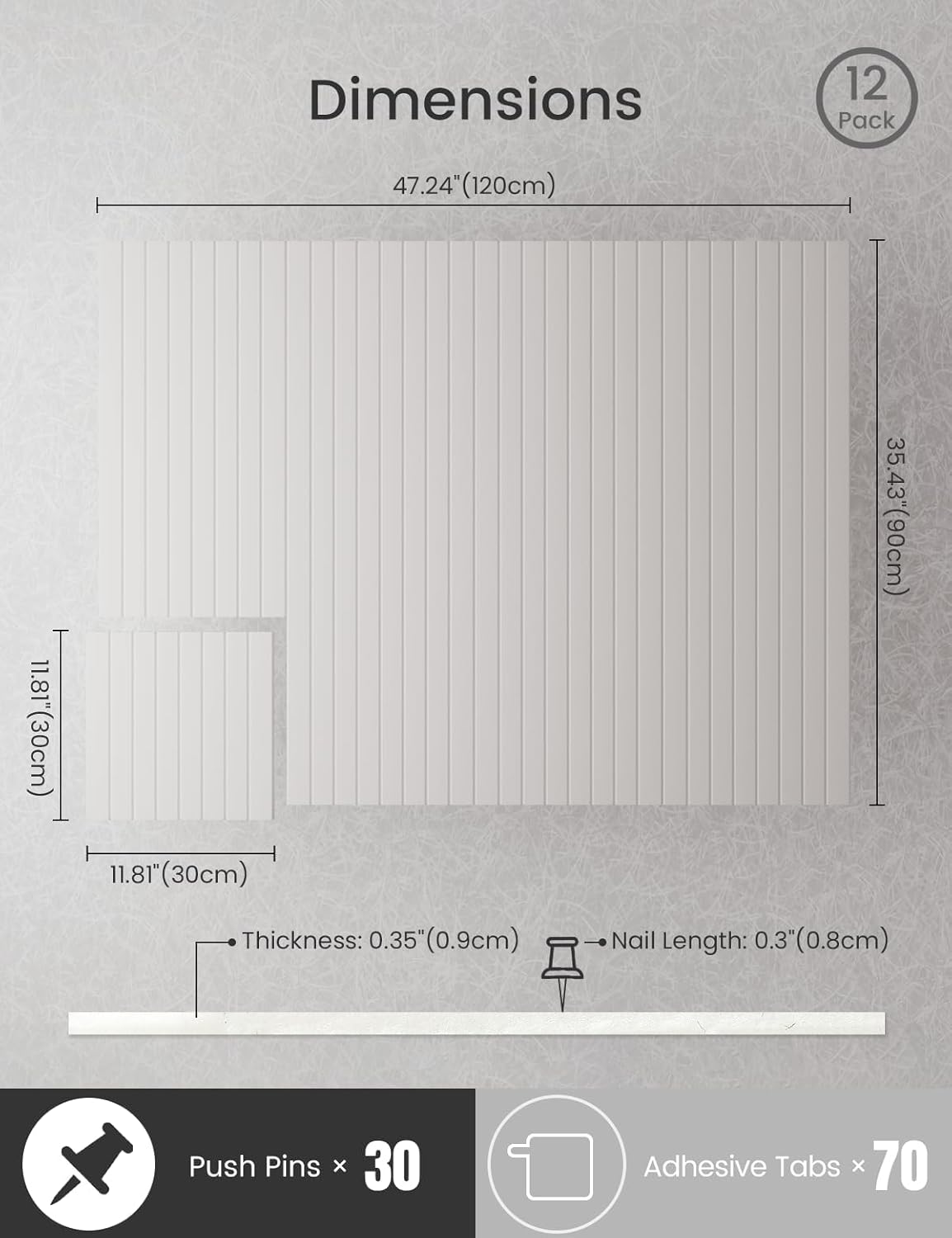 Bumusty Large Cork Board Alternative-47 x35 Felt Bulletin Board Tiles, with 30 Pushpins, 70 Adhesive Tabs, 12-Pack Slat Wall Paneling, Cork Boards for Office Push Pin Board Felt Board-Milky White