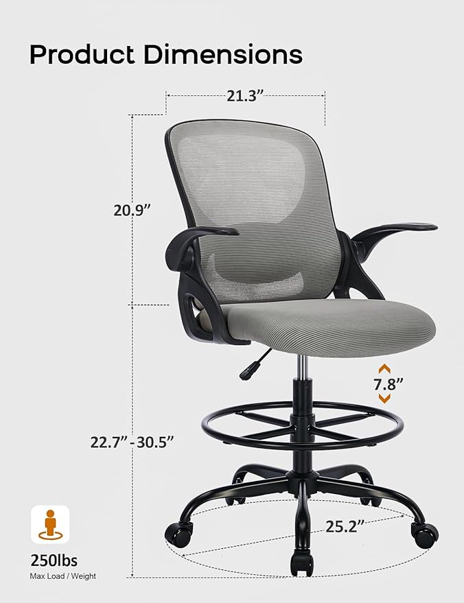Drafting Chair Tall Office Chair with Flip-up Armrests Ergonomic Computer Standing Desk Chair with Comfy Lumbar Support and Adjustable Footrest Ring for Bar Height Desk(Black-Gray)