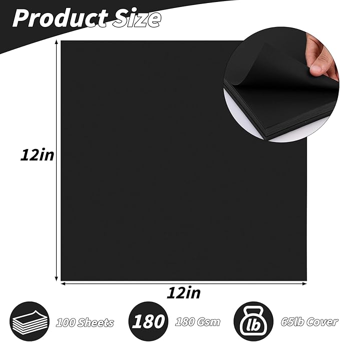 Black Cardstock Bulk 100 sheets, 12” x 12” Cardstock Paper Construction Paper,180 GSM/62lb Card Stock Printer Christmas Paper for Scrapbooking Diy Crafts Card Making
