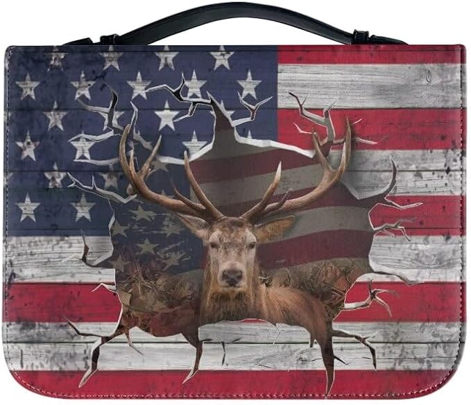 Lotusorchid Reindeer Bible Cover Case, Zippered Bible Carrying Case for Women Girls, Portable American Flag Bible Tote Bag Sturdy Bible Book Cover for Bible Study, Christian Bible Accessories,M